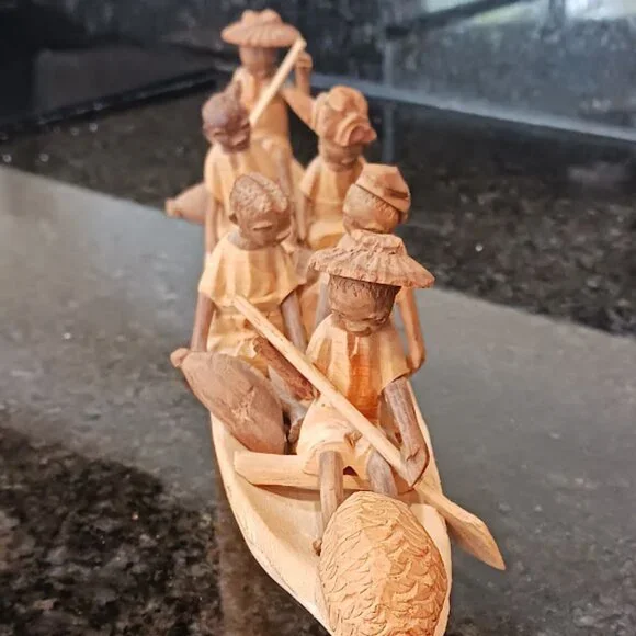 Folk Art Sculpture Carving Ghanaian Boat People (6) Vintage, 12 inches - Picture 1 of 13